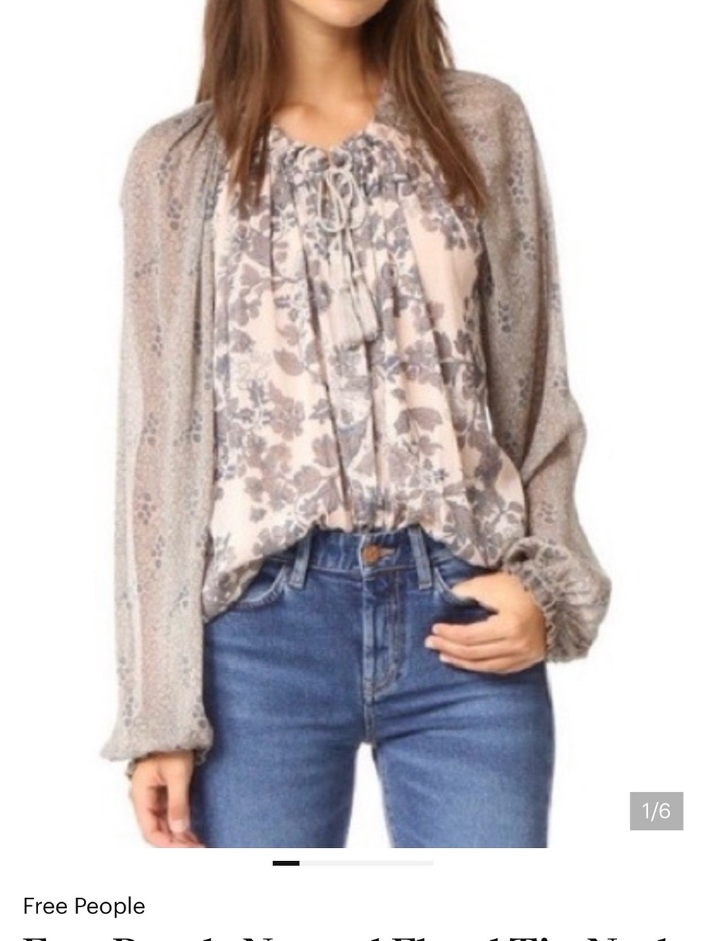 Free People Taupe Floral Tie-Neck Peasant Blouse